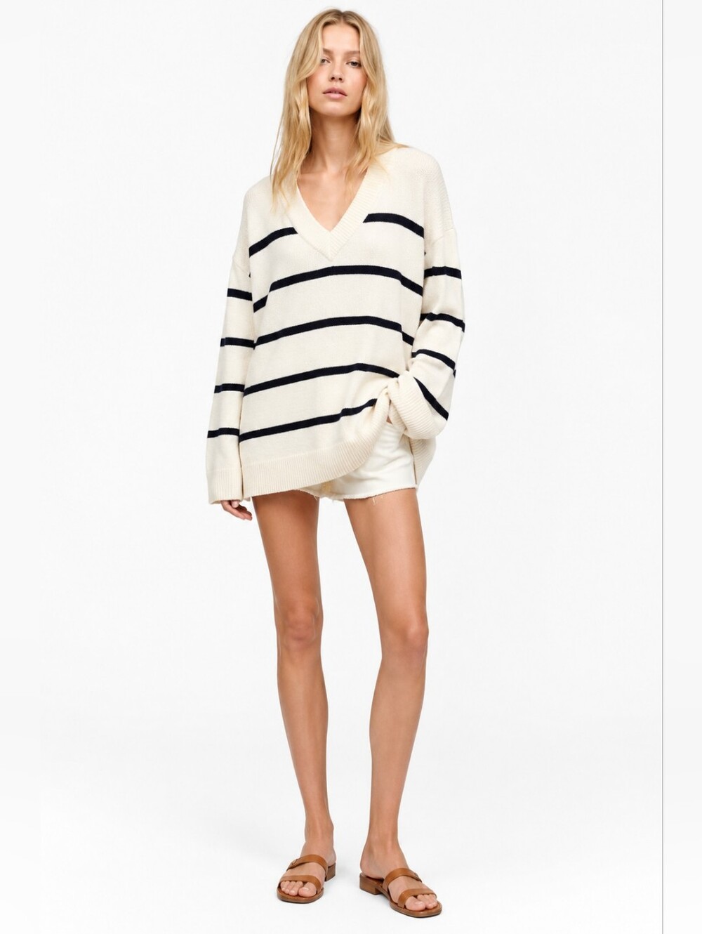 Aerie Size XS Cream V-Neck Oversized Sweater Black Stripes Loungewear